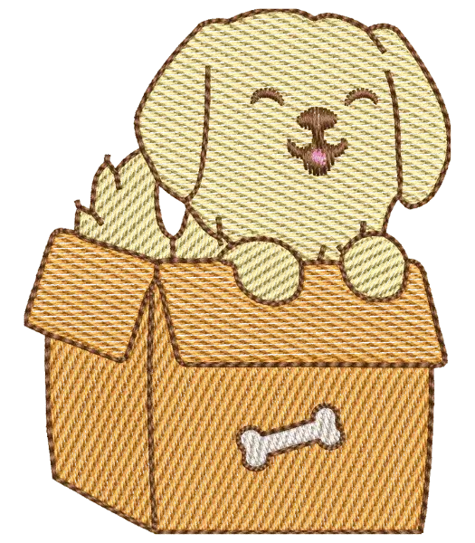 Matriz de Bordado Cachorro Amarelo na Caixa